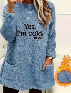 Women's Pullover Casual Fleece Letter Casual Crew Neck Pocket Print Long Sleeve Blue Fall & Winter