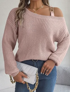 Women's Pullover Casual Soft Pure Color Ribbed One Shoulder Knitted Long Sleeve Regular Tops Knit Outdoor Daily Weekend White Pink Fall Winter