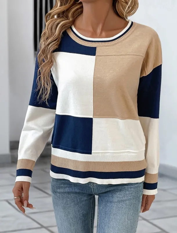 Women's Pullover Elegant Vintage Daily Geometric Crew Neck Check Pattern Long Sleeve Regular Tops Knit School Outdoor Home Blue and White Spring Fall