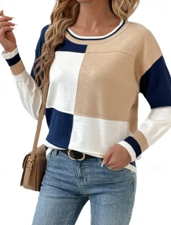 Women's Pullover Elegant Vintage Daily Geometric Crew Neck Check Pattern Long Sleeve Regular Tops Knit School Outdoor Home Blue and White Spring Fall