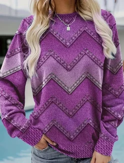 Women's Pullover Geometric Zipper Crew Neck Long Sleeve Inelastic Spring Fall Comfrt Breathable Soft Fabric