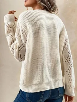Women's Pullover Sweater Jumper Elegant Solid Color Ribbed V Neck Lace Long Sleeve Regular Tops Knit Daily Black White Spring Fall