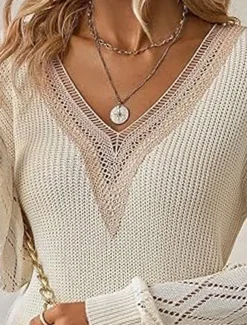 Women's Pullover Sweater Jumper Elegant Solid Color Ribbed V Neck Lace Long Sleeve Regular Tops Knit Daily Black White Spring Fall