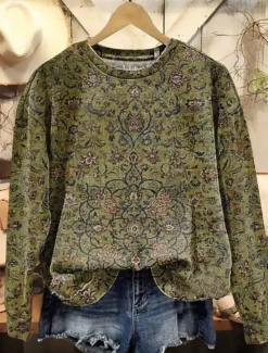 Women's Pullover Sweatshirt Graphic Paisley Warm Vintage Western Long Sleeve Crew Neck Regular Tops Street Dailywear Casual Print Pink Red Blue Fuchsia Green Spring Fall Winter