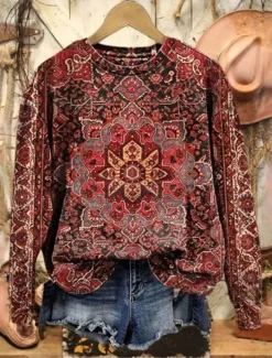 Women's Pullover Sweatshirt Graphic Paisley Warm Vintage Western Long Sleeve Crew Neck Regular Tops Street Dailywear Casual Print Pink Red Blue Fuchsia Green Spring Fall Winter