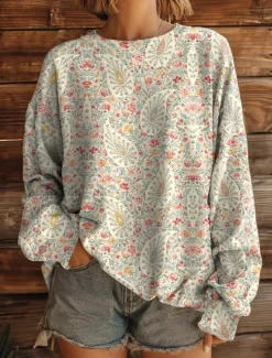 Women's Pullover Sweatshirt Floral Graphic Warm Active Vintage Long Sleeve Round Neck Regular Tops Street Dailywear Casual Print White Yellow Red Blue Brown Spring Fall Winter