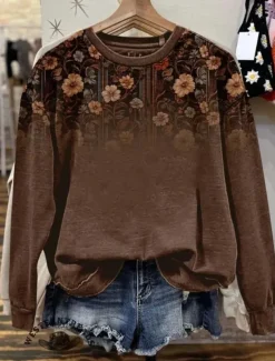 Women's Pullover Sweatshirt Floral Graphic Warm Vintage Fashion Long Sleeve Crew Neck Regular Tops Street Dailywear Casual Print Red Blue Fuchsia Brown Green Spring Fall Winter