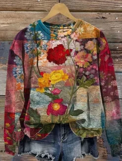 Women's Pullover Sweatshirt Floral Graphic Warm Vintage Fashion Long Sleeve Crew Neck Regular Tops Street Dailywear Casual Print Red Blue Fuchsia Brown Green Spring Fall Winter