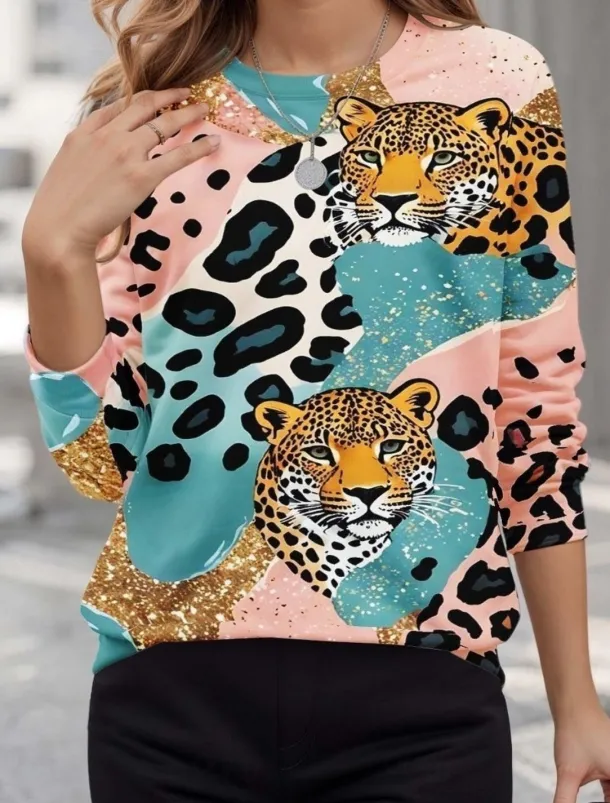 Women's Pullover Sweatshirts Animal Leopard Active Cute Classic Long Sleeve Crew Neck Round Neck Regular Tops Home Work Dailywear Print Pink Summer Spring Fall Spring, Fall, Winter, Summer