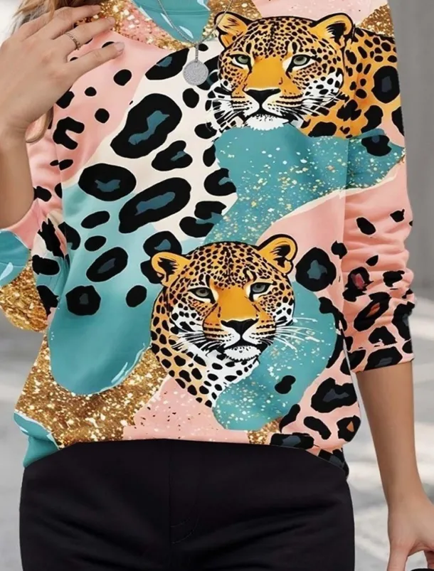 Women's Pullover Sweatshirts Animal Leopard Active Cute Classic Long Sleeve Crew Neck Round Neck Regular Tops Home Work Dailywear Print Pink Summer Spring Fall Spring, Fall, Winter, Summer