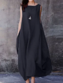Women's Purple Brown Dark Blue Summer Spring Maxi Dress Cotton Linen Dresses Casual Dress Cotton Linen Dress Basic Casual Mature Outdoor Vacation Daily Loose Fit Pure Color Boat Neck