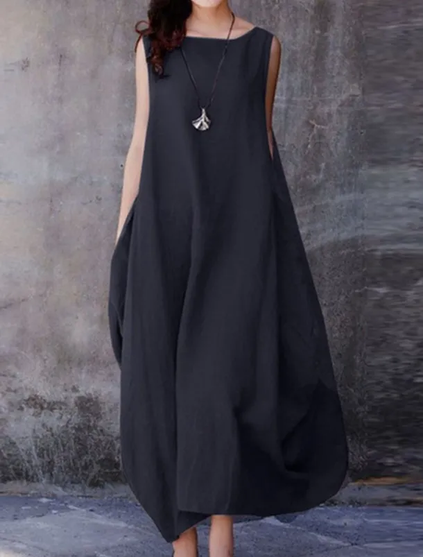Women's Purple Brown Dark Blue Summer Spring Maxi Dress Cotton Linen Dresses Casual Dress Cotton Linen Dress Basic Casual Mature Outdoor Vacation Daily Loose Fit Pure Color Boat Neck