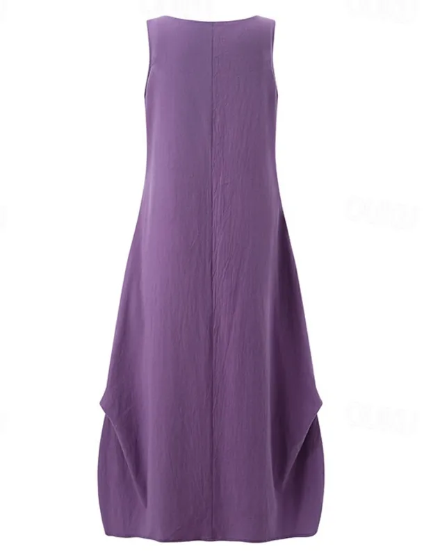 Women's Purple Brown Dark Blue Summer Spring Maxi Dress Cotton Linen Dresses Casual Dress Cotton Linen Dress Basic Casual Mature Outdoor Vacation Daily Loose Fit Pure Color Boat Neck