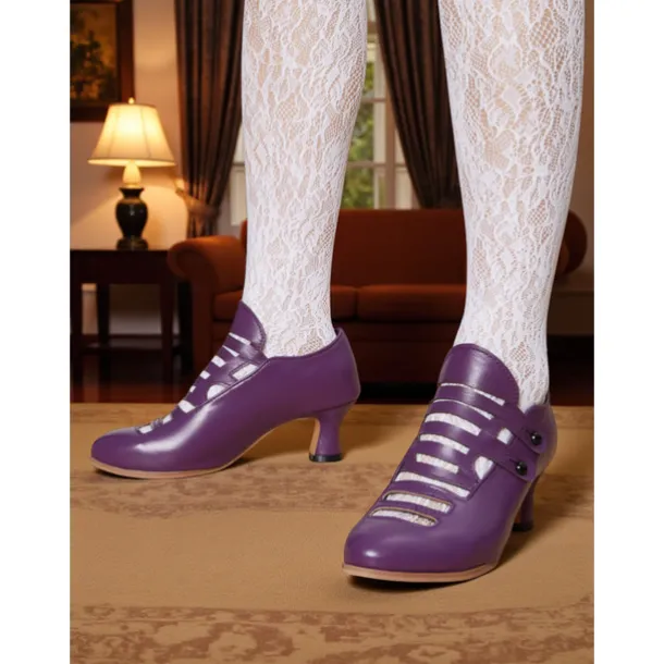 Women's Purple Edwardian Cage Strap Heels – Vintage 1900s-Inspired Faux Leather Kitten Heel Dress Shoes, Retro Costume Footwear for Historical Reenactment, Theater, and Gothic Lolita Style