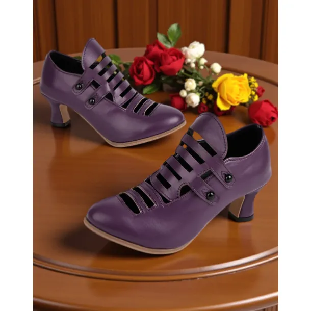 Women's Purple Edwardian Cage Strap Heels – Vintage 1900s-Inspired Faux Leather Kitten Heel Dress Shoes, Retro Costume Footwear for Historical Reenactment, Theater, and Gothic Lolita Style
