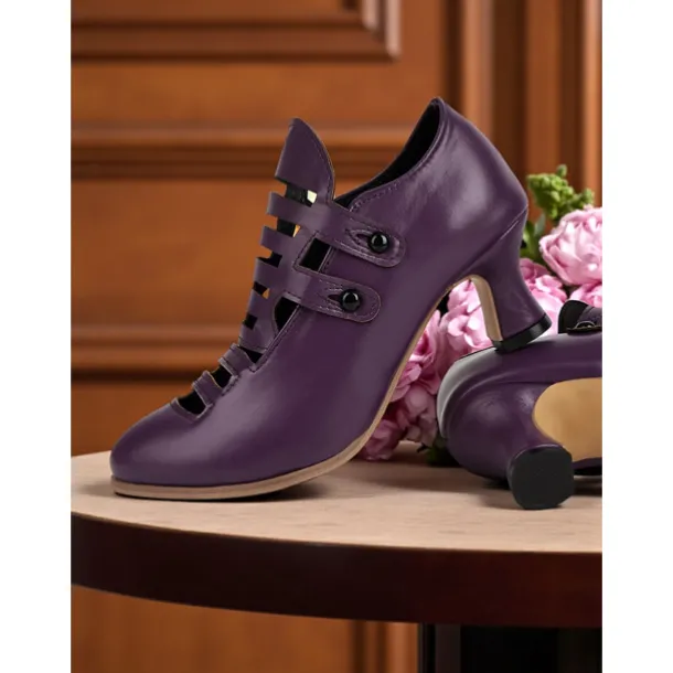 Women's Purple Edwardian Cage Strap Heels – Vintage 1900s-Inspired Faux Leather Kitten Heel Dress Shoes, Retro Costume Footwear for Historical Reenactment, Theater, and Gothic Lolita Style