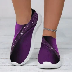 Women's Purple Printed Flyknit Slip-On Fashion Sneakers – Lightweight and Breathable Casual Footwear for Walking and Everyday Comfort