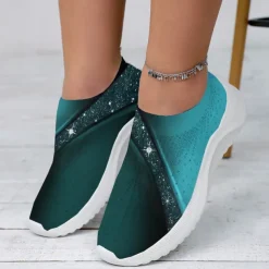 Women's Purple Printed Flyknit Slip-On Fashion Sneakers – Lightweight and Breathable Casual Footwear for Walking and Everyday Comfort