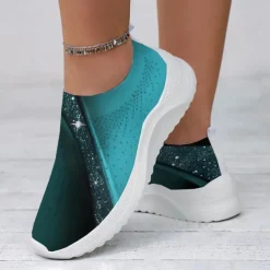 Women's Purple Printed Flyknit Slip-On Fashion Sneakers – Lightweight and Breathable Casual Footwear for Walking and Everyday Comfort