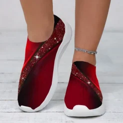 Women's Purple Printed Flyknit Slip-On Fashion Sneakers – Lightweight and Breathable Casual Footwear for Walking and Everyday Comfort