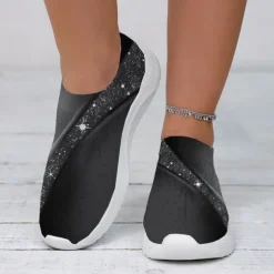 Women's Purple Printed Flyknit Slip-On Fashion Sneakers – Lightweight and Breathable Casual Footwear for Walking and Everyday Comfort