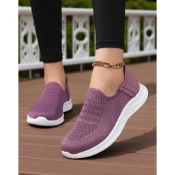 Women's Purple Slip-On Knit Walking Sneakers – Lightweight Breathable Athletic Shoes for Travel, Errands & Leisure Sports