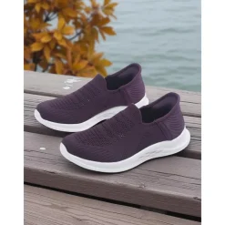 Women's Purple Slip-On Knit Walking Sneakers – Lightweight Breathable Athletic Shoes for Travel, Errands & Leisure Sports