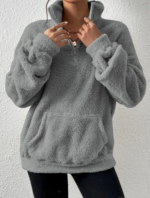 Women's Quarter Zipper Sweater Pullover Casual Soft Pure Color Fuzzy Stand Collar Pocket Long Sleeve Regular Tops Knit Outdoor Daily Weekend Black Apricot Fall Winter