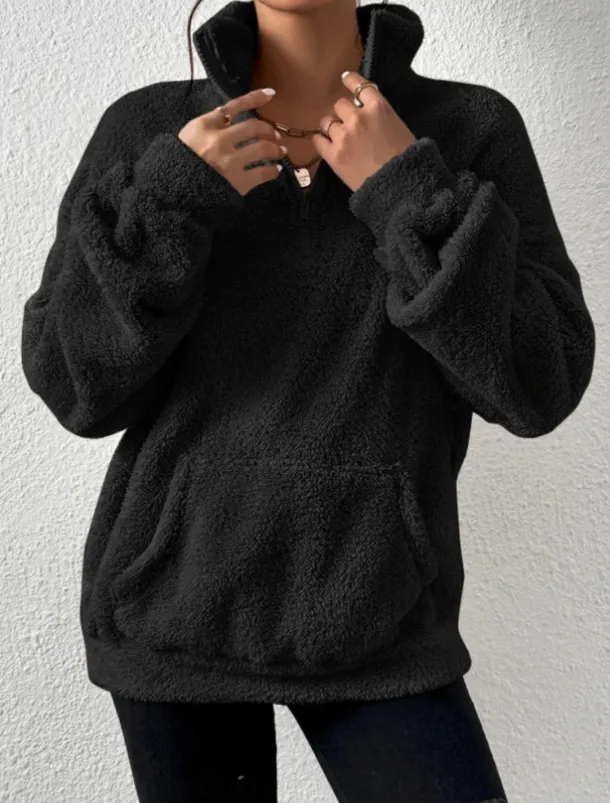 Women's Quarter Zipper Sweater Pullover Casual Soft Pure Color Fuzzy Stand Collar Pocket Long Sleeve Regular Tops Knit Outdoor Daily Weekend Black Apricot Fall Winter