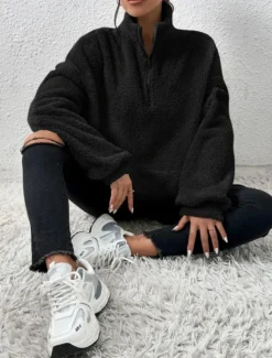 Women's Quarter Zipper Sweater Pullover Casual Soft Pure Color Fuzzy Stand Collar Pocket Long Sleeve Regular Tops Knit Outdoor Daily Weekend Black Apricot Fall Winter