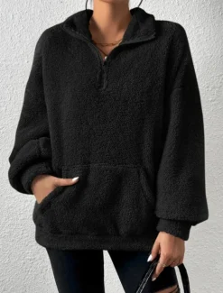 Women's Quarter Zipper Sweater Pullover Casual Soft Pure Color Fuzzy Stand Collar Pocket Long Sleeve Regular Tops Knit Outdoor Daily Weekend Black Apricot Fall Winter