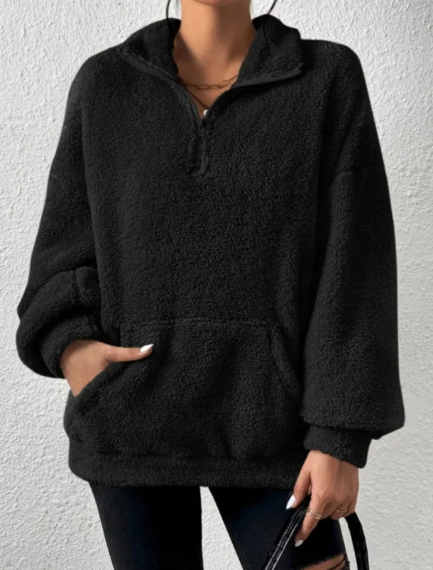 Women's Quarter Zipper Sweater Pullover Casual Soft Pure Color Fuzzy Stand Collar Pocket Long Sleeve Regular Tops Knit Outdoor Daily Weekend Black Apricot Fall Winter
