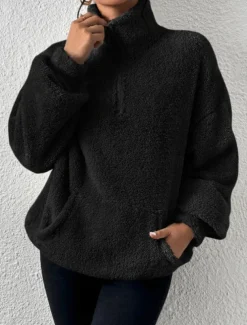 Women's Quarter Zipper Sweater Pullover Casual Soft Pure Color Fuzzy Stand Collar Pocket Long Sleeve Regular Tops Knit Outdoor Daily Weekend Black Apricot Fall Winter
