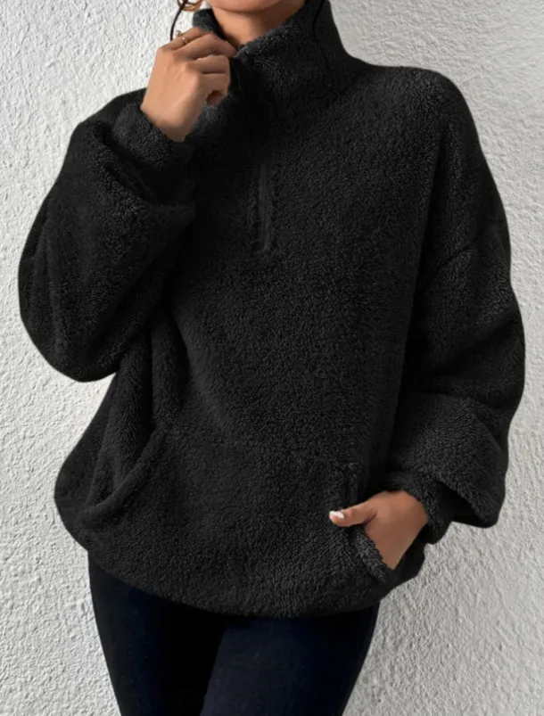 Women's Quarter Zipper Sweater Pullover Casual Soft Pure Color Fuzzy Stand Collar Pocket Long Sleeve Regular Tops Knit Outdoor Daily Weekend Black Apricot Fall Winter