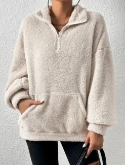 Women's Quarter Zipper Sweater Pullover Casual Soft Pure Color Fuzzy Stand Collar Pocket Long Sleeve Regular Tops Knit Outdoor Daily Weekend Black Apricot Fall Winter
