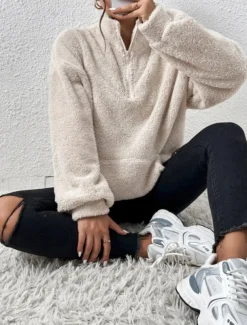 Women's Quarter Zipper Sweater Pullover Casual Soft Pure Color Fuzzy Stand Collar Pocket Long Sleeve Regular Tops Knit Outdoor Daily Weekend Black Apricot Fall Winter
