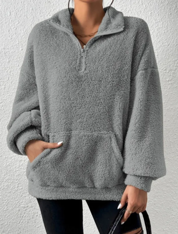 Women's Quarter Zipper Sweater Pullover Casual Soft Pure Color Fuzzy Stand Collar Pocket Long Sleeve Regular Tops Knit Outdoor Daily Weekend Black Apricot Fall Winter