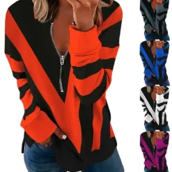 Women's Quarter Zipper Sweater Pullover Color Block Abstract Casual Basic V Neck Long Sleeve Spring & Fall Fall & Winter Comfrt Breathable Soft Fabric