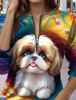 Women's Quarter Zipper Sweater Dog Casual Long Sleeve Crew Neck Regular Tops Street Dailywear Print Blue Fall Winter
