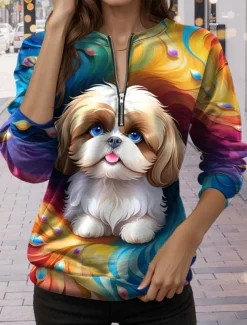 Women's Quarter Zipper Sweater Dog Casual Long Sleeve Crew Neck Regular Tops Street Dailywear Print Blue Fall Winter