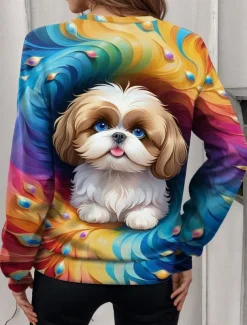 Women's Quarter Zipper Sweater Dog Casual Long Sleeve Crew Neck Regular Tops Street Dailywear Print Blue Fall Winter