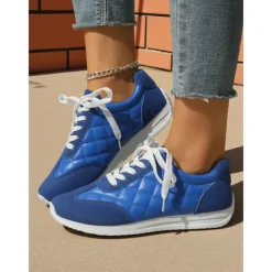 Women's Quilted Lace-Up Sneakers – Casual Fashion Walking Shoes for Daily Wear, Weekend Shopping and Light Workouts