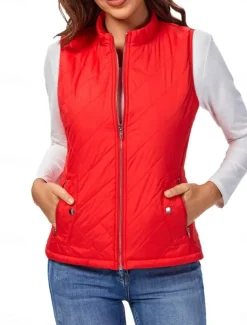 Women's Quilted Vest Crop Sleeveless Winter Coat Lightweight Puffer Gilet Warm Windproof Outerwear with Pockets Zip up Fall Street Casual Jacket Light Blue claret Sea Blue