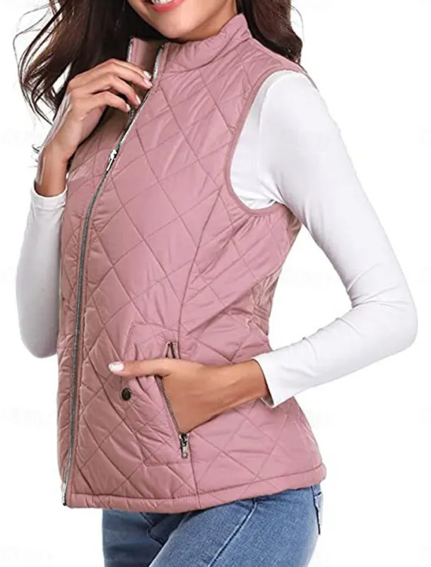 Women's Quilted Vest Crop Sleeveless Winter Coat Lightweight Puffer Gilet Warm Windproof Outerwear with Pockets Zip up Fall Street Casual Jacket Light Blue claret Sea Blue