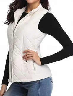 Women's Quilted Vest Crop Sleeveless Winter Coat Lightweight Puffer Gilet Warm Windproof Outerwear with Pockets Zip up Fall Street Casual Jacket Light Blue claret Sea Blue