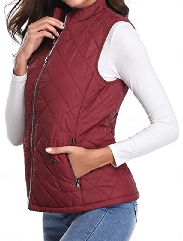 Women's Quilted Vest Crop Sleeveless Winter Coat Lightweight Puffer Gilet Warm Windproof Outerwear with Pockets Zip up Fall Street Casual Jacket Light Blue claret Sea Blue