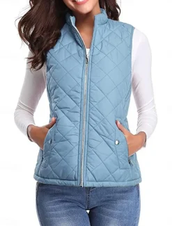 Women's Quilted Vest Crop Sleeveless Winter Coat Lightweight Puffer Gilet Warm Windproof Outerwear with Pockets Zip up Fall Street Casual Jacket Light Blue claret Sea Blue