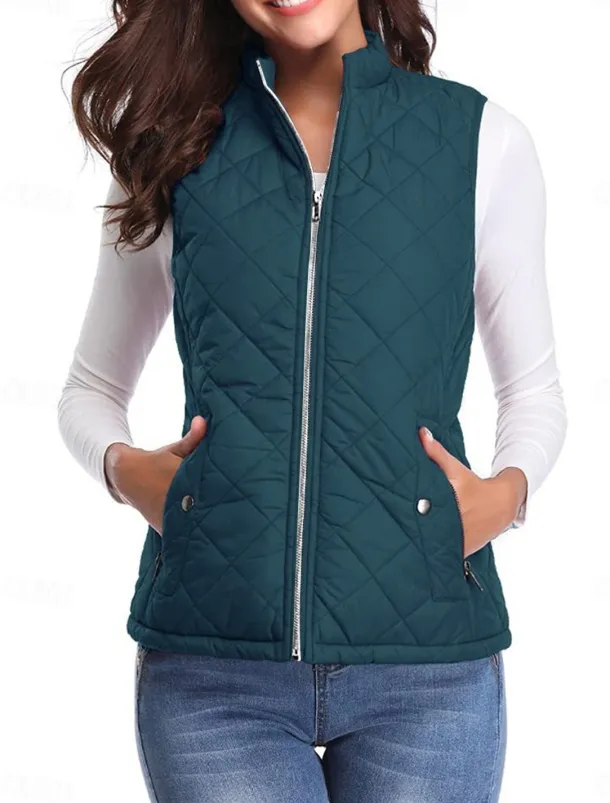 Women's Quilted Vest Crop Sleeveless Winter Coat Lightweight Puffer Gilet Warm Windproof Outerwear with Pockets Zip up Fall Street Casual Jacket Light Blue claret Sea Blue