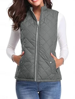Women's Quilted Vest Crop Sleeveless Winter Coat Lightweight Puffer Gilet Warm Windproof Outerwear with Pockets Zip up Fall Street Casual Jacket Light Blue claret Sea Blue