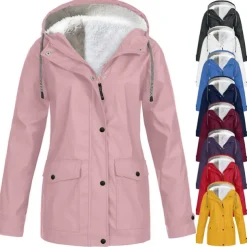 Women's Rain Jacket Raincoat Hiking Fleece Jacket Winter Outdoor Warm Waterproof Windproof Fleece Hooded Parka Outerwear Windbreaker Trench Coat Top Full Zip Skiing Fishing Casual